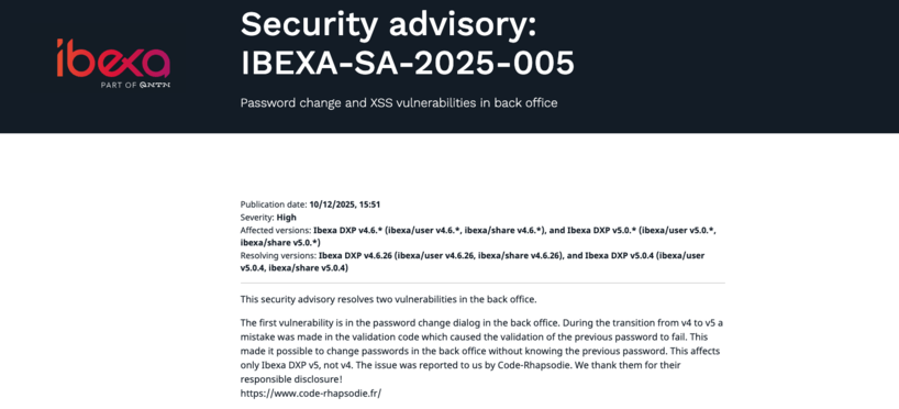 Avis de sécurité : IBEXA-SA-2025-005 concernant les vulnérabilités de changement de mot de passe et XSS dans le back office