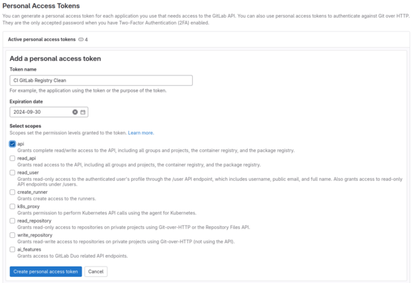 Formulaire d'ajout d'un token d'authentification pour l'utilisation des API de GitLab.