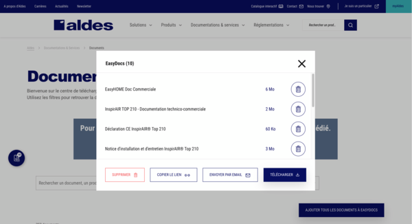 Capture d'écran du site Aldes montrant une fenêtre "EasyDocs" avec des documents à télécharger.